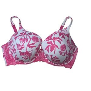 Cacique Boost Plunge Bra Womens 42F Pink Floral Push Up Lace Padded Underwire
